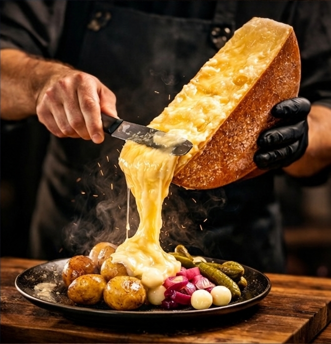 raclette sýr servírovaný ze sýrového bochníku na firemní akci